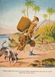"Indo em direção ao barco, fiquei extremamente surpreso com a impressão do pé nu de um homem na praia.", Ilustração de "Robinson Crusoe", de Daniel Defoe (1660-1731), c.1860s (cromolito)